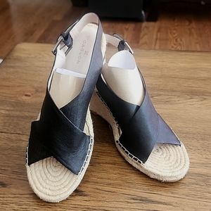 Caslon Black Leather Open Toe Jute Wedge Sandal Women's Size 9.5